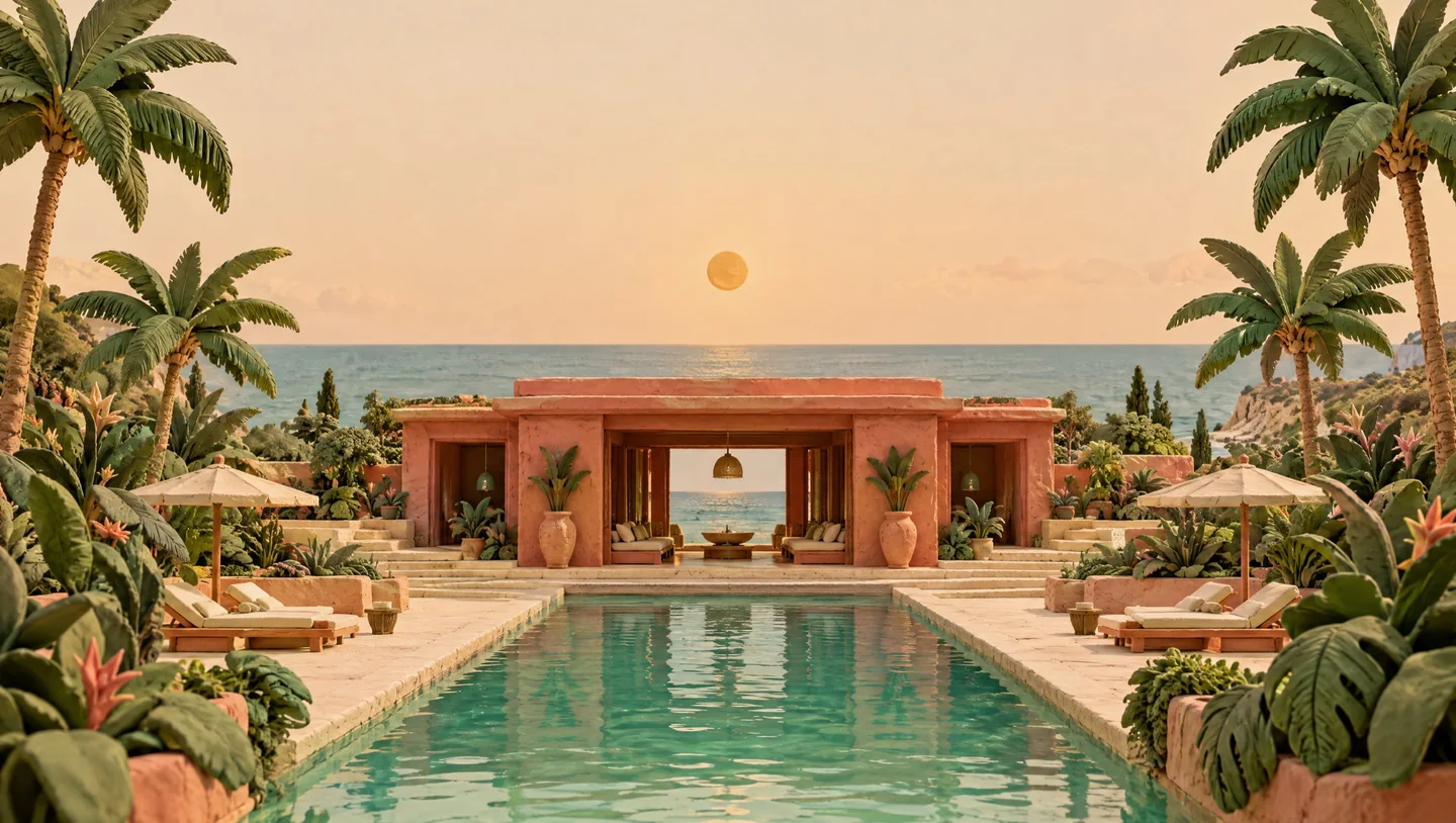 A handcrafted clay landscape of a tropical sanctuary, with a terracotta pavilion, palms and a tranquil pool.