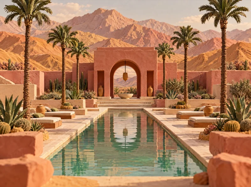Conceptual clay artwork of a desert sanctuary with palms, mountains and a reflecting pool; not a property rendering.