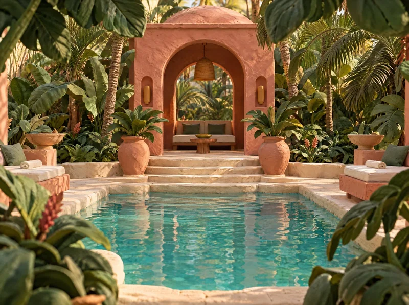Conceptual clay artwork of a lush tropical wellness sanctuary; not an Alumina property rendering.